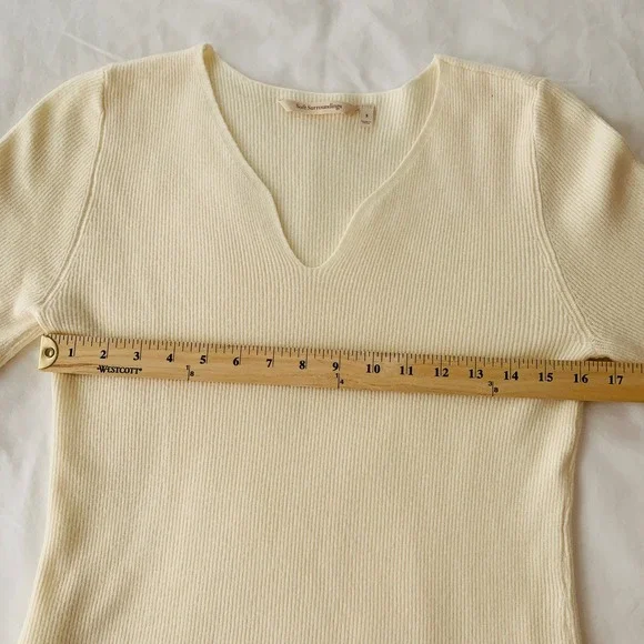 Soft Surroundings Sweater Cream Ribbed Knit Balloon Sleeve Notch Neck / Size S - Picture 9 of 11